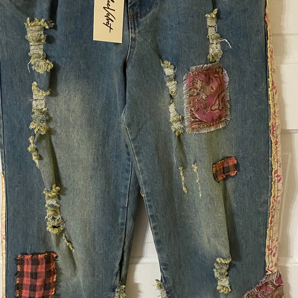 NWT Boho Patchwork Wide Leg Jeans | Floral Plaid Mixed Media Denim - Picture 3 of 9